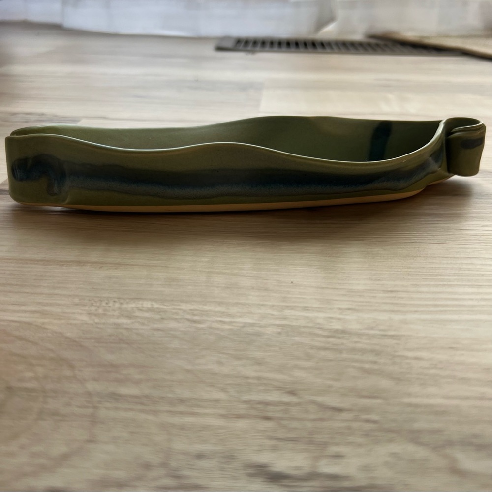 HILBORN Pottery Trinket Olive Dish Green Blue Signed 9" Handcrafted Canada - Picture 2 of 5